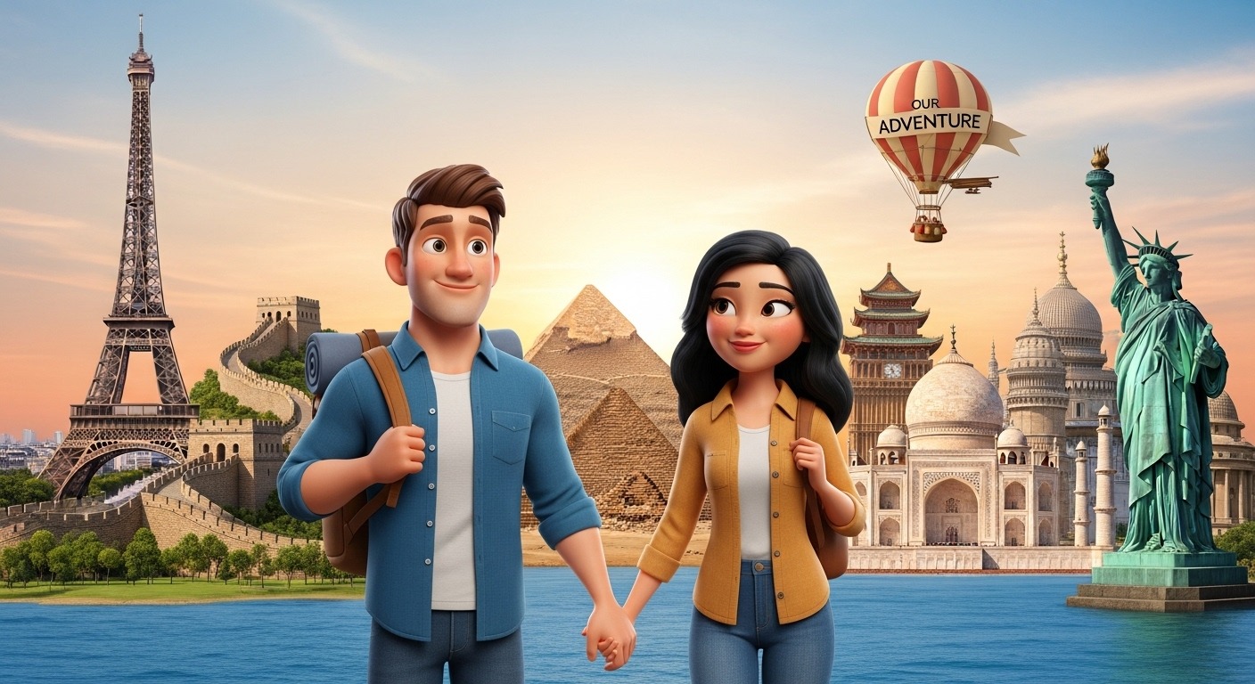 Casal viajando com mochila e pontos turísticos ao fundo; imagem de destaque para planejamento de viagens e experiências.